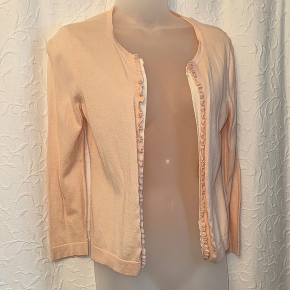 LOFT Sweaters - LOFT Light Baby Pink Ruffle Cardigan w White trim Size XS 100% cotton 3/4 sleeve